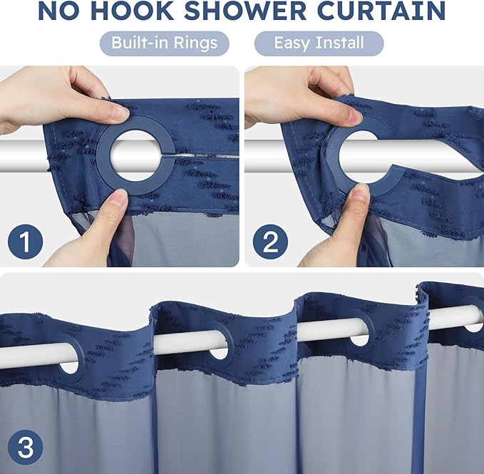 No Hook Shower Curtain and Snap in Liner Set Navy Blue Tufted Chevron Striped Cloth Waterproof Washable Fabric Boho Bath Curtain with See Through Mesh Top Window for Bathroom Hotel 71" x 86"