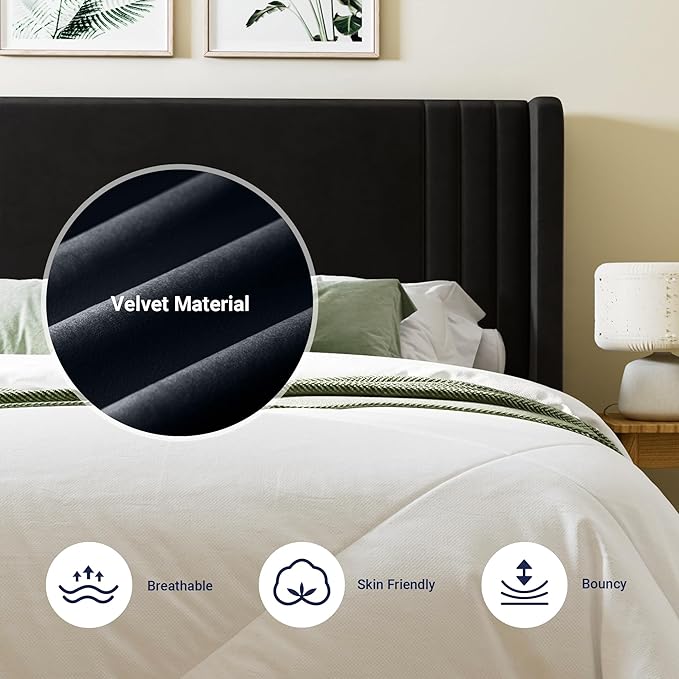 Allewie Full Size Velvet Platform Bed Frame with Vertical Tufted Wingback Headboard, Easy Assembly, Under Bed Storage, No Box Spring Required, Modern Style, Black