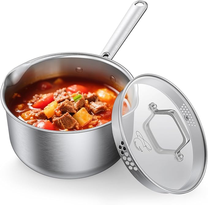 PekGema Stainless Steel Saucepan 3.5 Quart with Glass Strainer Lid, Thicken Tri-ply Full Sauce Pot, Two Side Spouts for Easy Pour, Dishwasher Safe, Induction Ready, Compatible with All Cooktops