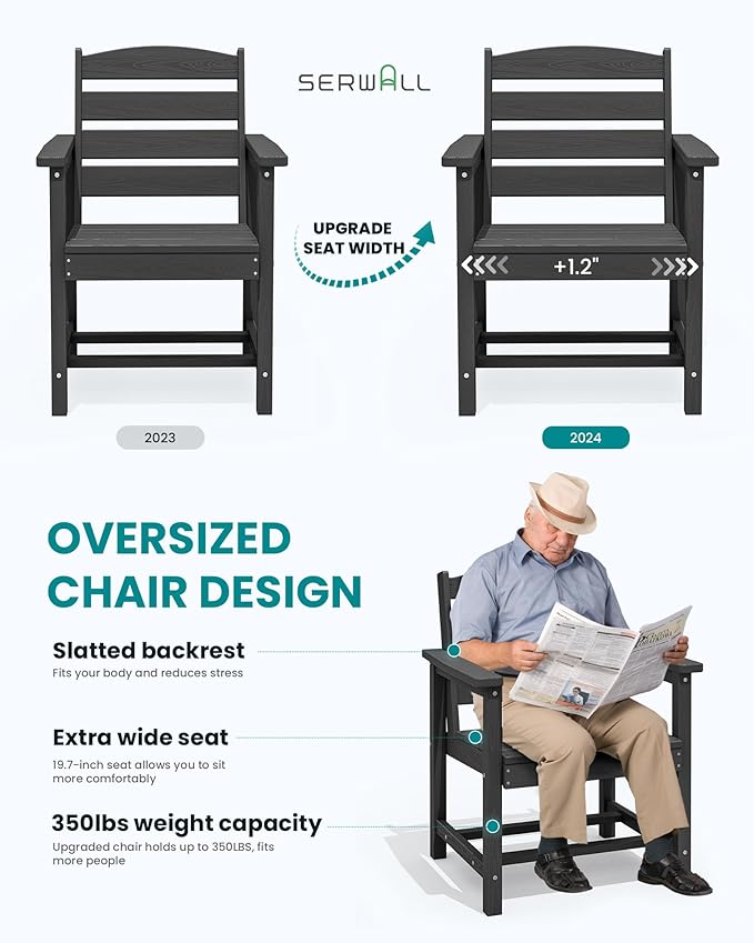 SERWALL 8-Piece Patio Dining Sets with 15FT Double Side Patio Umbrella, Outdoor HDPE Dining Furniture Set with Umbrella Hole Cut-Out Table and 6 Chairs, Black（Umbreall Base not Included）