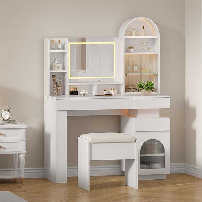 Makeup Vanity Desk with Mirror and Lights, Dressing Table with 3 Drawers and 11 Storage Shelves, Large Makeup Vanity Set with Lighted Mirror & Stool & Power Outlet, Vanity Dresser for Bedroom Dressing
