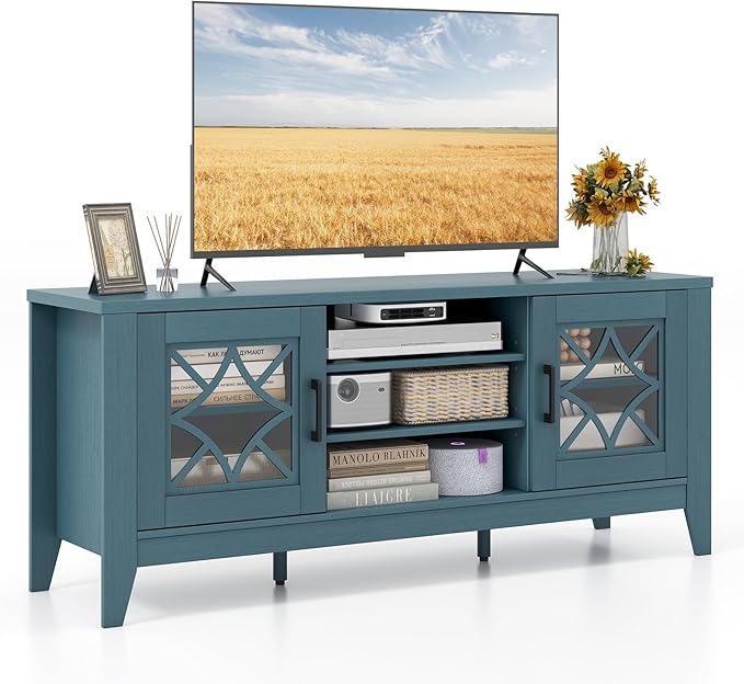 Tangkula Farmhouse TV Stand for TVs Up to 65-in, Classic Media Entertainment Center w/Glass Door Cabinets & 4 Adjustable Shelves, Modern TV Console Table w/ 3 Cable Holes for Living Room (Teal Blue)