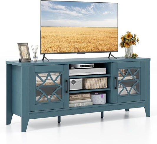 Tangkula Farmhouse TV Stand for TVs Up to 65-in, Classic Media Entertainment Center w/Glass Door Cabinets & 4 Adjustable Shelves, Modern TV Console Table w/ 3 Cable Holes for Living Room (Teal Blue)