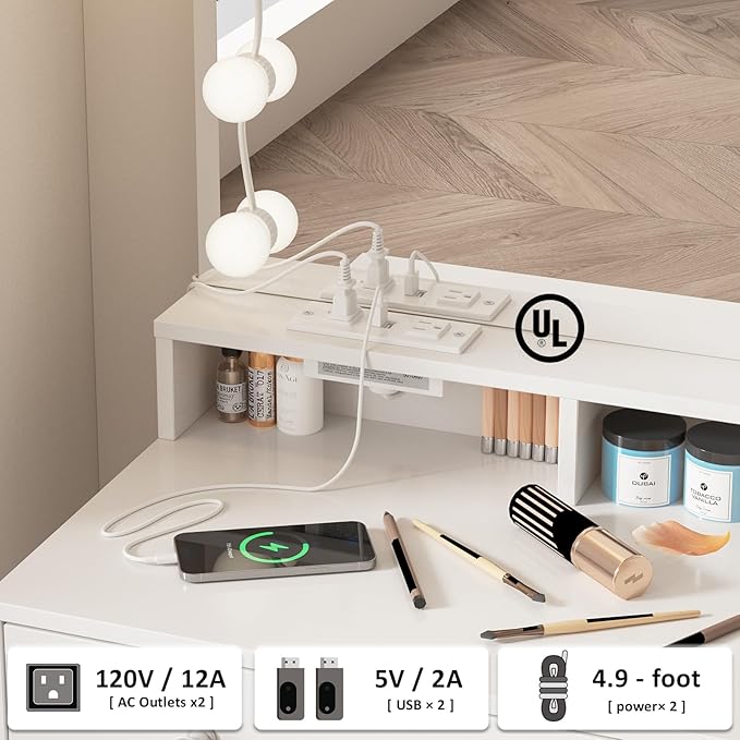 Vabches Vanity with Mirror and Lights, Makeup Vanity Table with Charging Station, Cute Vanity Set with Comfortable Bench, Dressing Table with 3 Storage Compartments, 39.8inch, White