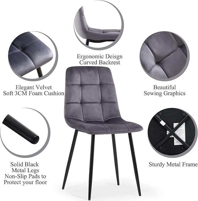 Grey Velvet Chair Set of 6,Mid-Century Modern Dining Chair Upholstered Living Chair Tufted Reception Chair with Solid Black Metal Legs for Bedroom,Dining Room,Kitchen
