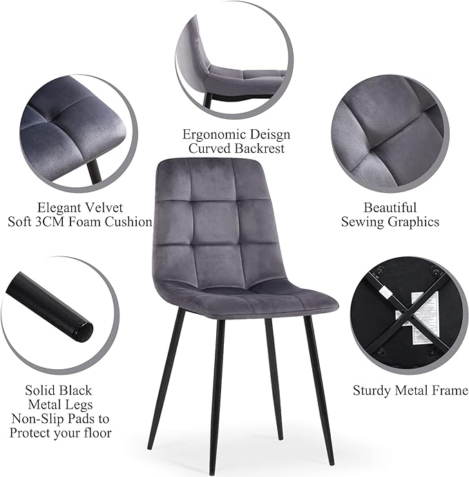 Round Kitchen Table and Chairs Set for 4, 37" Round Dining Table MDF Faux Wood Tabletop, Grey Velvet Dining Chairs Upholstered Side Chair with Back