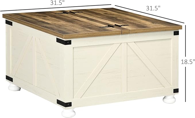 HOMCOM Farmhouse Coffee Table, 31.5" Square Coffee Table with Storage, Living Room Center Table with Hinged Flip Lift Top and Hidden Space, Antique White