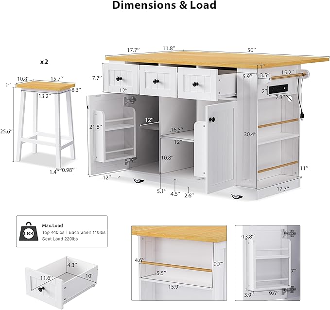 Large Kitchen Island Cart on 5 Wheels with 2 Bar Stools, Power Outlet, Drop Leaf, 3 Drawers, Kitchen Storage Cart with 5 Open Side Racks for Kitchen, Dining Room, Home Bar White