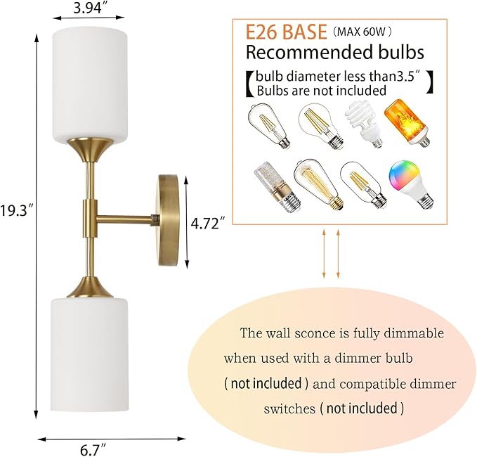 2-Lights Gold Wall Sconce with White Cylinder Glass Shades Modern Mid Century Bathroom Vanity Wall Light Fixtures Industrial Brushed Brass Wall Lamp for Bedroom Mirror Living Room Restaurant