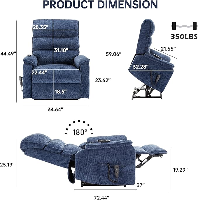 Electric Lift Chair with Heat and Massage, Dual Motor Recliner Lift Chair with Infinite Position, 72.4in Long Big and Tall Recliner, Blue Extra Wide Recliner, Chenille Fabric