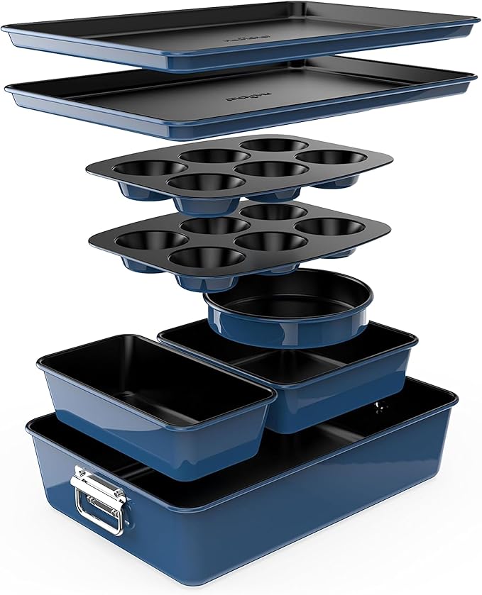 NutriChef 8-Piece Nonstick Stackable Bakeware Set - PFOA, PFOS, PTFE Free Baking Tray Set w/Non-Stick Coating, 450°F Oven Safe, Round Cake, Loaf, Muffin, Wide/Square Pans, Cookie Sheet (Blue)