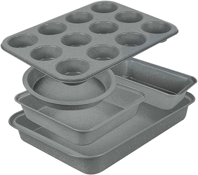 Baking Pans Set, Bakeware Sets with Grey Marble Coating, 5-Piece Baking Set for Oven, Nonstick Premium & Even Heating, Stackable, Carbon Steel, with Round/Square Cake Pan, Muffin, Bread Tin