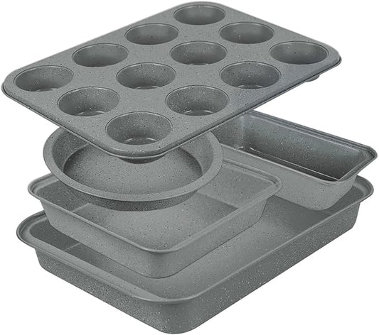Baking Pans Set, Bakeware Sets with Grey Marble Coating, 5-Piece Baking Set for Oven, Nonstick Premium & Even Heating, Stackable, Carbon Steel, with Round/Square Cake Pan, Muffin, Bread Tin
