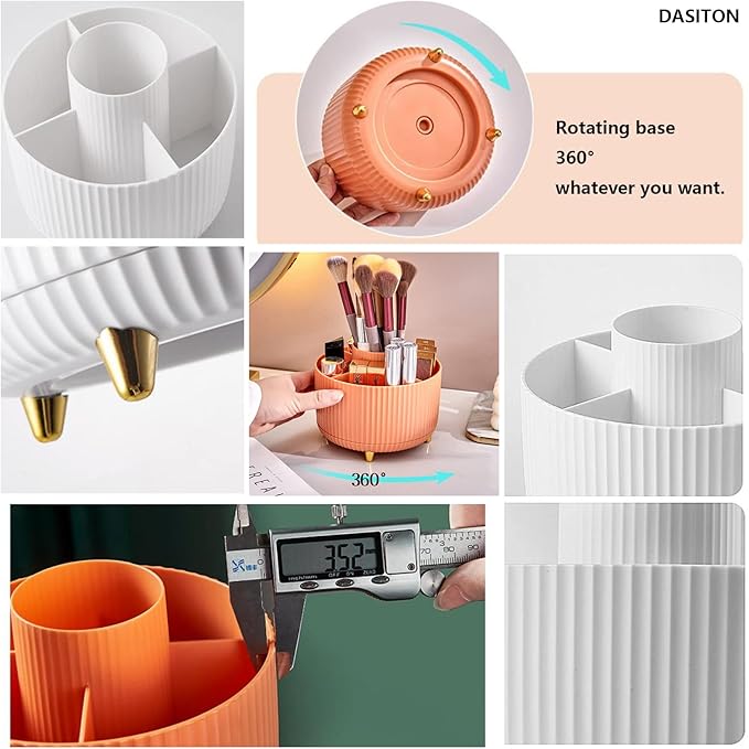 DASITON Large Capacity Makeup Brush Holder,360° Rotating Makeup Organizer,5 Slot Makeup Brushes Cup,for Vanity Decor,Bathroom Countertops,Desk Storage Container,Cosmetic Display cases(White)
