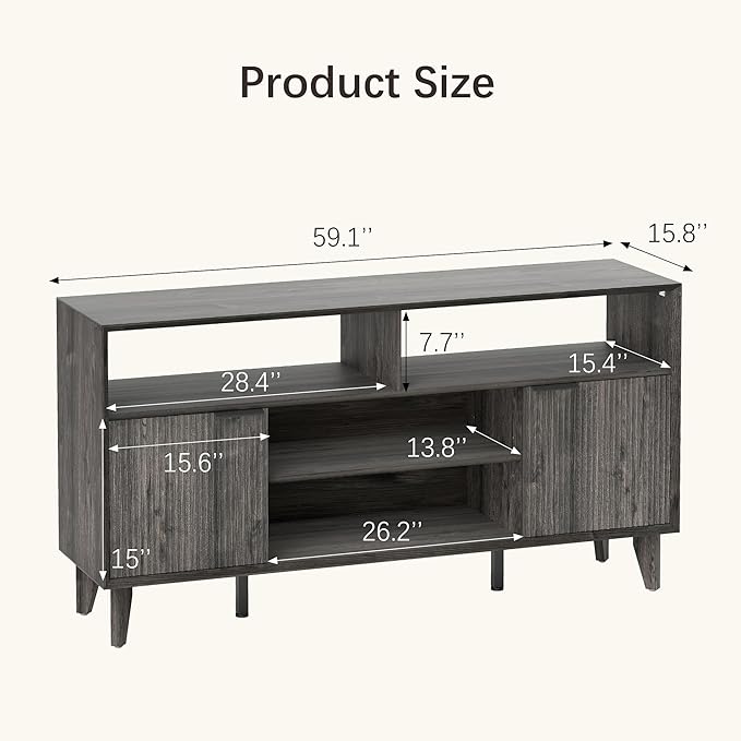 Fluted TV Stand for 70 inch，Entertainment Center with Storage Cabinets, Modern TV Console with Open Adjustable Shelves, TV Stand for Living Room Bedroom, Black&Grey