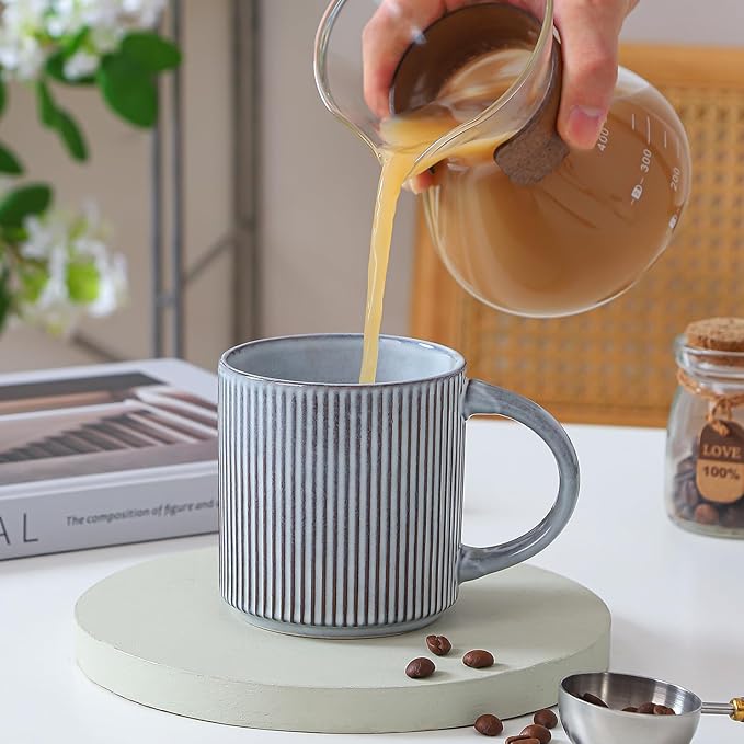 Coffee Mugs Set of 4, 12 OZ Ceramic Coffee Mugs with Handle, Vertical Stripes Coffee Cups Set for Latte/Tea/Cocoa/Milk, Microwave and Diahwasher Safe (Smoky Blue)