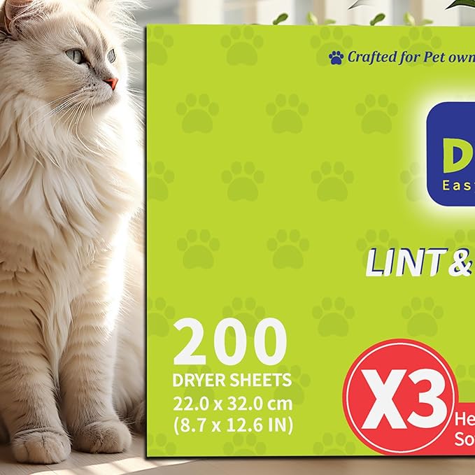 Dr.Easy LINT & HAIR REMOVER Pet HUGESHEETS with 3X Dryer Sheets, Original Fresh, 200 Count,PLANT&MINERAL-BASED FORMULA