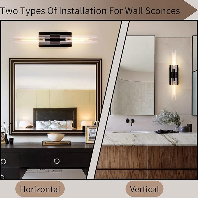 Modern Wall Sconces, 22.8in Black, 2-Light Indoor Wall Mounted Sconces, Bathroom Vanity Light for Living Room, Bedroom, Staircase