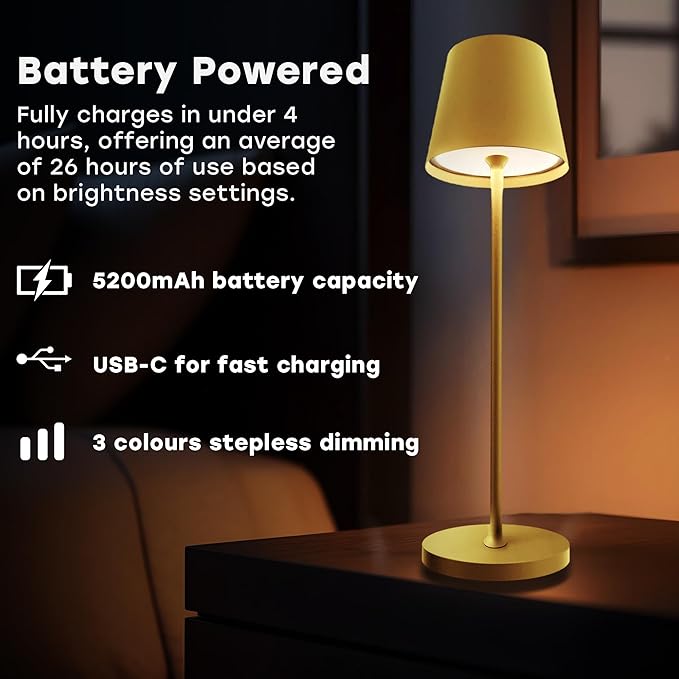 2 Pack Cordless Table Lamp,Portable LED Desk Lamp, 5200mAh Battery Operated, 3 Color Stepless Dimming Up, for Restaurant, Bedroom, Bars, Outdoor Party, Camping, Coffee Shop Night Light Gold