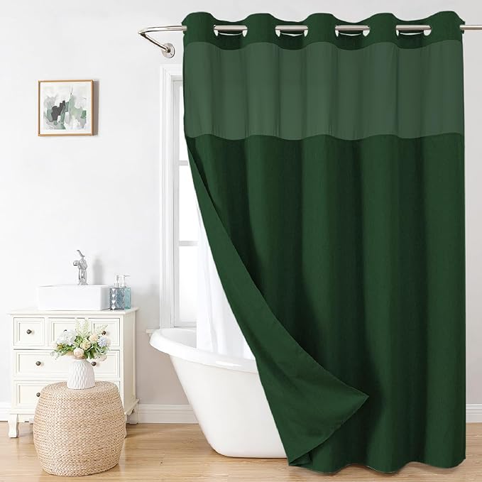 Long No Hooks Needed Linen Textured Shower Curtain with Snap-in Fabric Liner Set,Hotel Luxury Decor Shower Curtains for Bathroom,Waterproof & Washable,71Wx80H,Emerald Green
