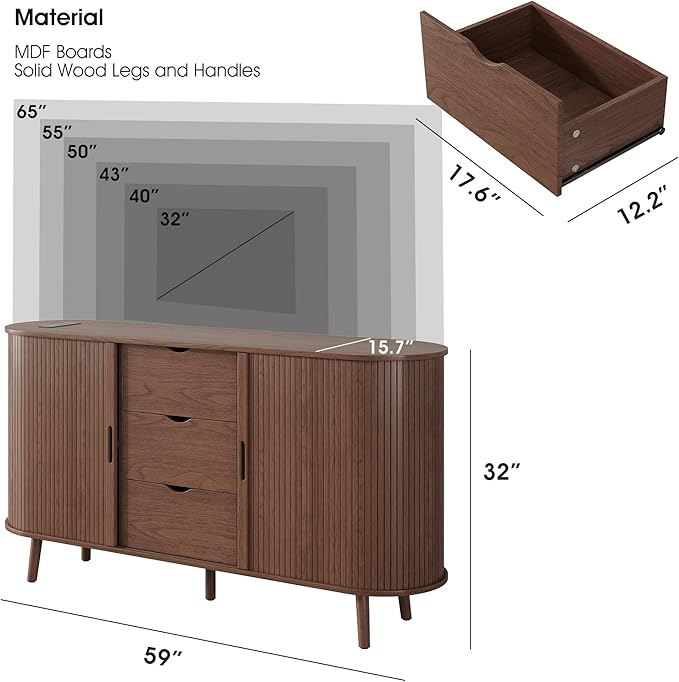 Alohappy 59" Mid Century Modern TV Stand with Charging Station, 32" Tall Farmhouse Curved Edge Media Console Table with Drawer and Shelf, Fluted Entertainment Center for Living Room, Bedroom Walnut