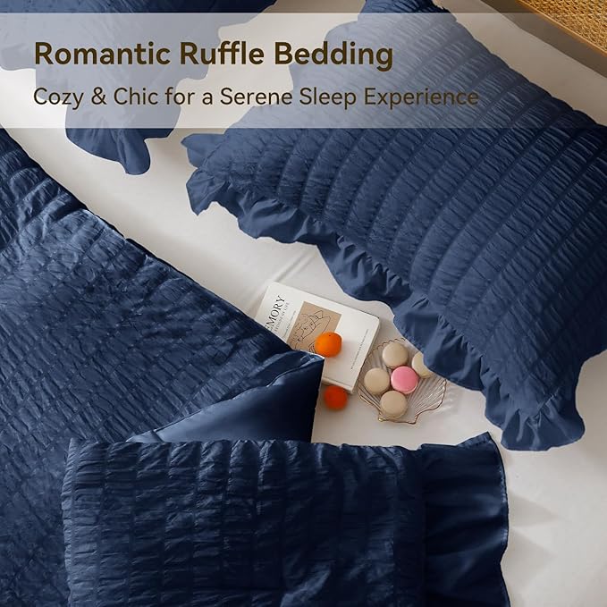 JOLLYVOGUE Navy Blue Queen Comforter Set, 3 Pieces Seersucker Comforters Queen Size, Lightweight & Fluffy Bedding Sets Queen for All Season with 1 Ruffle Comforter and 2 Ruffle Pillowshams