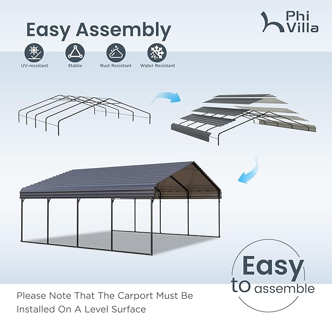 PHI VILLA 2 car Metal Carports 20 x 20 ft Carport with Galvanized Steel Roof, Sturdy Heavy Duty Metal Carport for Cars, Boats, and Tractors
