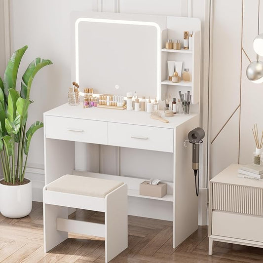 Makeup Vanity with Lighted Mirror & Electrical Outlet - 2 Shelves, 2 Drawers, Bottom Storage - Comes with Upholstered Stool （White）