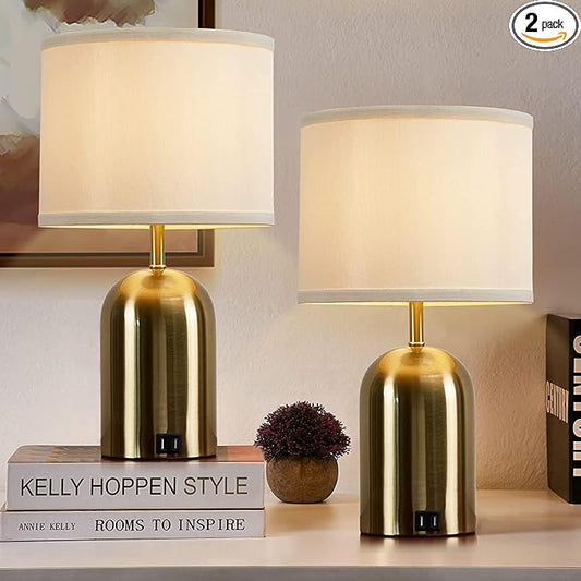 GyroVu Touch Control Table Lamps Set of 2, Bedside Table Lamps for Bedrooms Set of 2 Modern Living Room 3 Way Dimmable Gold Bedside Lamp for End Table with 2 USB Charging Ports, 2 Bulbs Included
