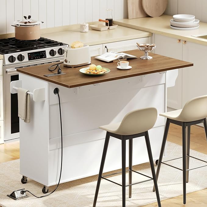 HOOBRO Kitchen Island with Drop Leaf, Rolling Kitchen Island with Storage and Power Outlet, Kitchen Cart with 3 Drawers and Adjustable Shelves, Towel and Spice Rack, for Dining Room, White and Walnut