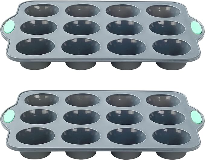 To encounter Small Silicone Muffin Pan, 2 Pack 12-Cup, Nonstick Baking Cups, Cupcake Pan with Metal Reinforced Frame More Strength