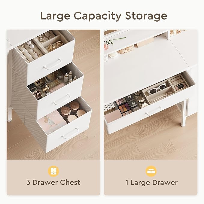 Makeup Vanity Desk with Mirror and Lights, Small Vanity with Fabric Storage Drawer & Chair & Shelves, White Compact Makeup Vanity Set for Bedroom