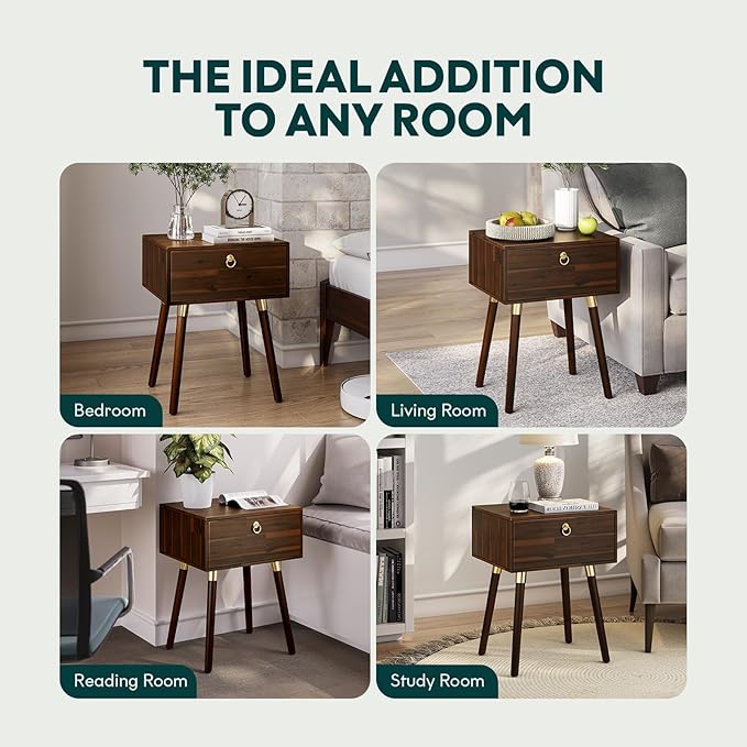 Bme Alden Wood Nightstand, Solid Wood End Table, Mid Century Modern Nightstand, Side Table with 1 Drawer, Compact for Bedroom, Living Room & Study Room, Easy Assembly, Walnut