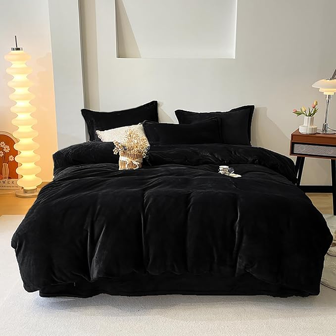 Cottonight Velvet Comforter Set - Cal King Black Flannel Bedding - Plush Fluffy Blanket Quilts - Modern Winter Warm Thick Solid Black Bedding Set