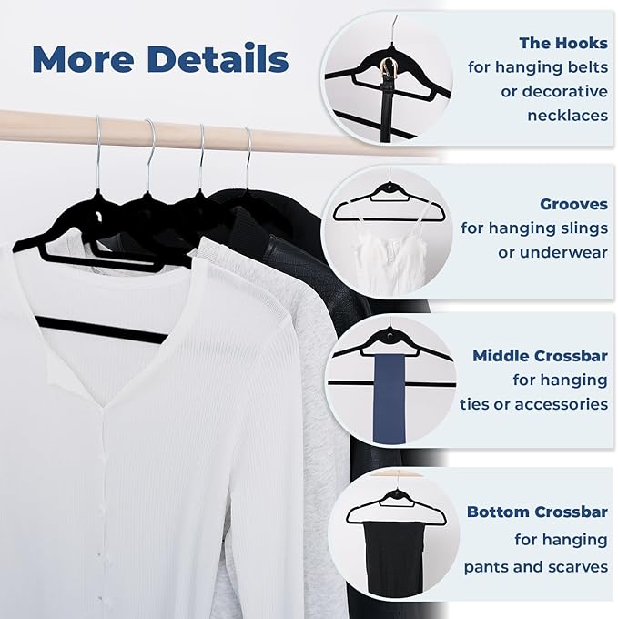 Black Velvet Hangers 50 Pack, Felt Covered Non Slip Fabric with Stackable Cascading Hook, Ultra Thin and Space Saving with 360° Swivel Neck, 15Lbs Capacity for Clothes, Suit, Shirt, Coat