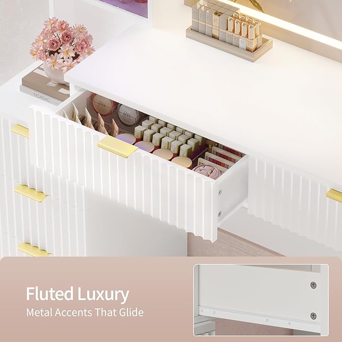 Big Vanity, 59.1" Fluted Wood Makeup Vanity Desk with Mirror and Sound Sync LED Lights, Large Vanity Dressing Table, 8 Drawers, 2 Glass Cabinets, with Charging Station for Girls, Women (White)