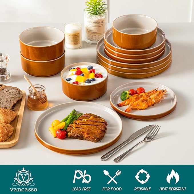 vancasso ONION Ceramic Plates and Bowls Sets, 12 Pieces Grey Dinnerware Sets for Kitchen, Reactive Glaze Dishes Set for 4, Dishwasher and Microwave Safe