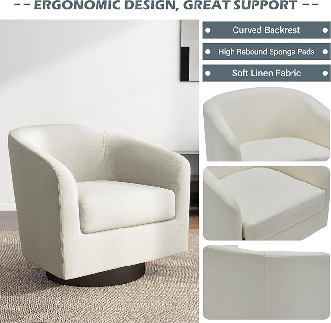 UIXE Swivel Barrel Accent Chairs Set of 2, Fabric Round Club Arm Chair Upholstered Living Room Armchair, Modern Single Sofa Seating Bedroom Side Reading Seat for Home Office - Beige