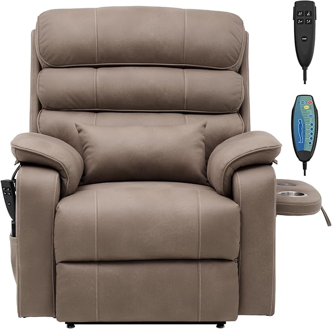 VEVOR Power Lift Recliner Chair, Dual Motor Lift Chair with Heat and Massage for Elderly, Infinite Position Adjustment Electric Recliner with a Cup Holder (Medium-Wide, Light Brown)