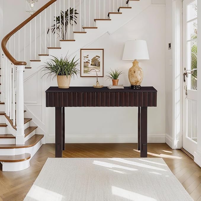 52" Console Table, Solid Wood Fluted Sofa Table Behind The Couch, Mid Century Farmhouse Entryway Table with 3 Drawers for Entrance, Hallway, Living Room, Foyer (Espresso)