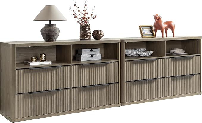 SICOTAS Dresser for Bedroom - Dressers & Chests of Drawers with 4 Drawers Large Modern Dresser for Closet with Open Shelf Fluted Wide TV Stand Clothes Closet Storage for Bedroom Hallway Entryway