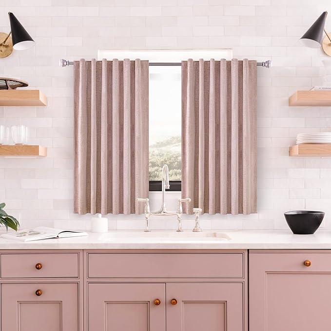 Blush Pink Linen 100% Blackout Curtains 45 Inches Long 2 Panels Set for Nursery Room Back Tab Thermal Insulated Black Out Linen Drapes Room Darkening Short Window Curtains 45 Inch Length