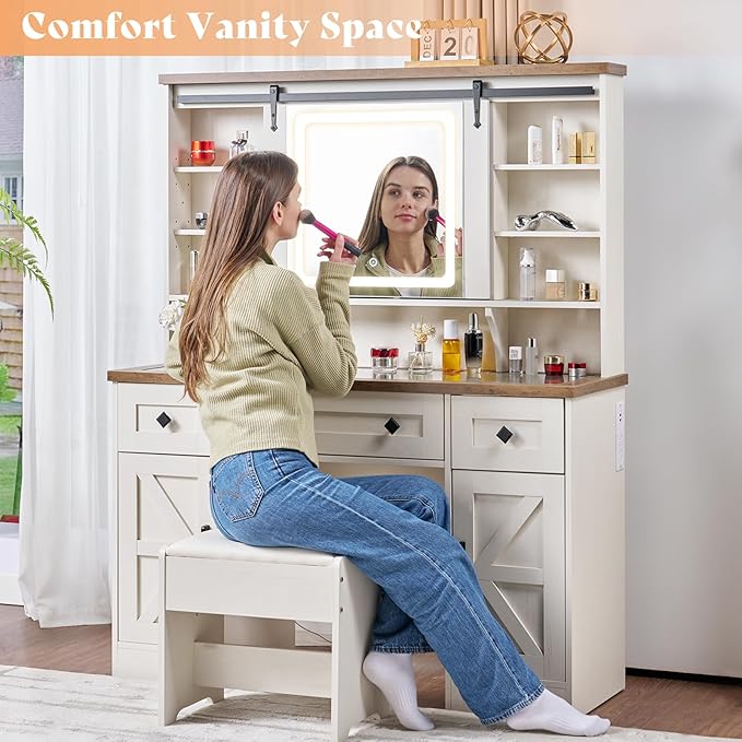 AMERLIFE 47.2" W Farmhouse Makeup Vanity Desk with Sliding Mirror, Vanity Set with Stool & Charging Station & 3 Brightness Lights, Glass Desktop, Ample Storage, Antique White