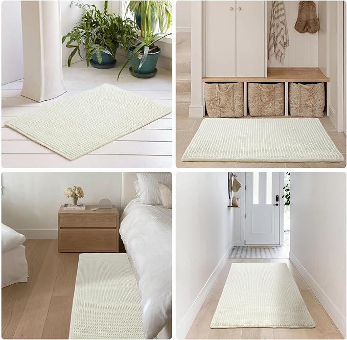 Cream White Bathroom Rugs, Waffle Bath Mat Non Slip Washable Super Absorbent Quick Dry Boho Farmhouse Bathroom Decor, 24"x16" Cream White