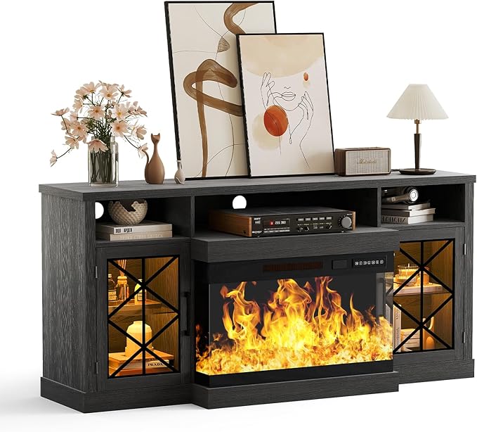 Ludatido 65 Inch FireplaceTV Stand with 3-Sided Glass Insert, Storage Cabinets & Drawers, Fits TVs up to 75", Remote & Touch Control, White Entertainment Center with USB&AC Power Interface, Black