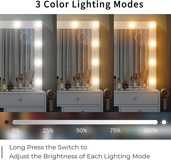 55" W Vanity Desk, Makeup Vanity with Charging Station, 15 Drawers with Lighted Mirror, 3 Lighting Modes, Brightness Adjustable, Glass Top, Vanity Table with Chair for Bedroom, White