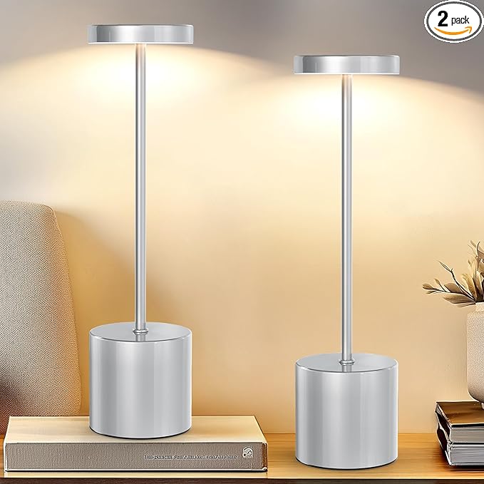 Rechargeable Table Lamp – 2 Pack Touch Lamps, Cordless Desk Lamp, 5000mAh Battery Operated Lamp with 3-Color Dimmable Light, Portable LED Lamp for Bedroom, Dining Room, Patio, Outdoor (Silver)