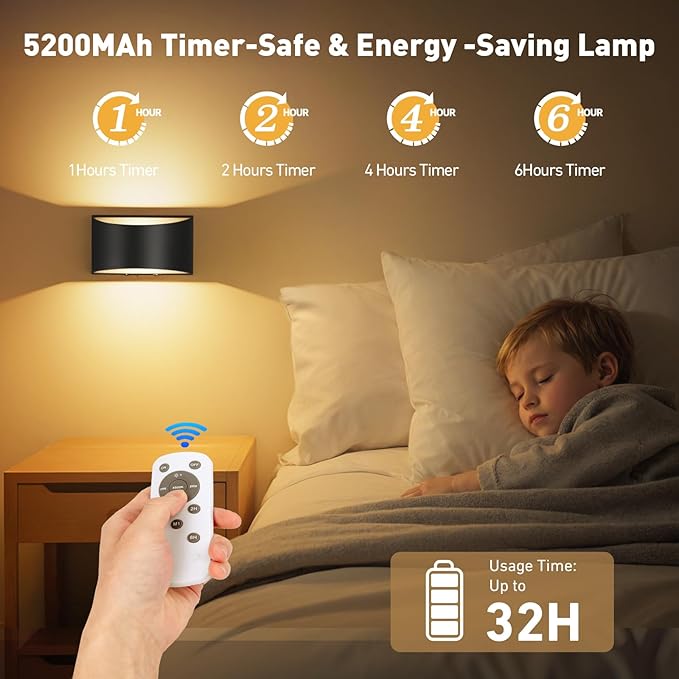 VOLISUN No Hardwired Wall Sconces, Modern Wall Sconces Battery Operated with Remote, 3000K-6500K Dimmable LED Wall Lamps, Wireless Wall Lights for Bedroom, Living Room, Hallway, Corridor(2 Pack)