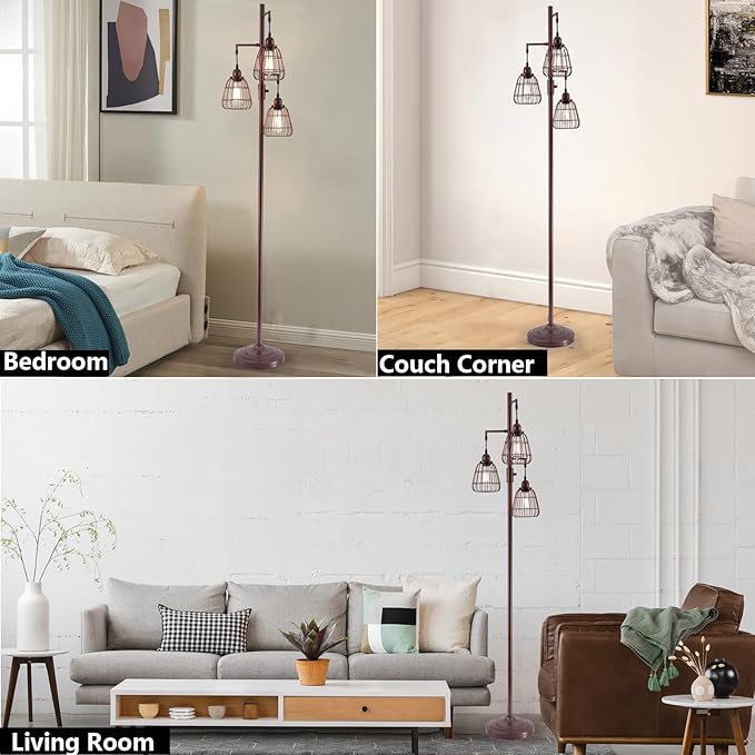 9MMML Dimmable Floor Lamp,Industrial Farmhouse Tall Standing Floor Lamp for Living Room, Bedroom Office,3 Teardrop Cage Lampshade,3 LED Bulbs Inculded. 68'' Tall