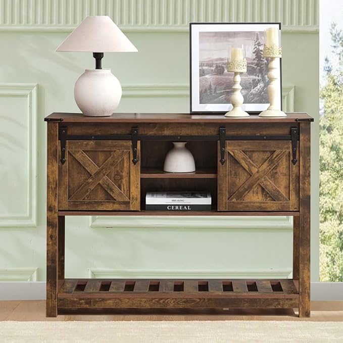 Farmhouse Entryway Table, 46" Hallway Table with Sliding Barn Doors, Rustic Sofa Table, Wood Console Table with Storage Shelf for Living Room, Entryway, Foyer (Brown)